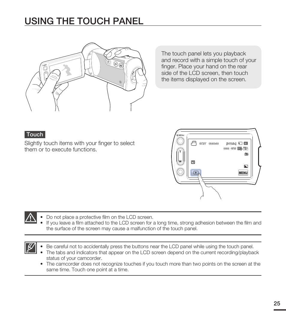 Using the touch panel | Samsung HMX-T10WN User Manual | Page 35 / 127