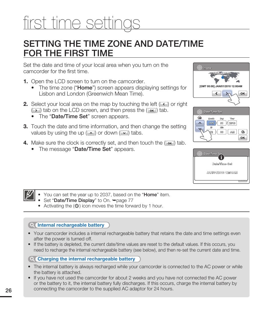 First time settings, Fi rst time settings | Samsung HMX-T10WN User Manual | Page 36 / 127