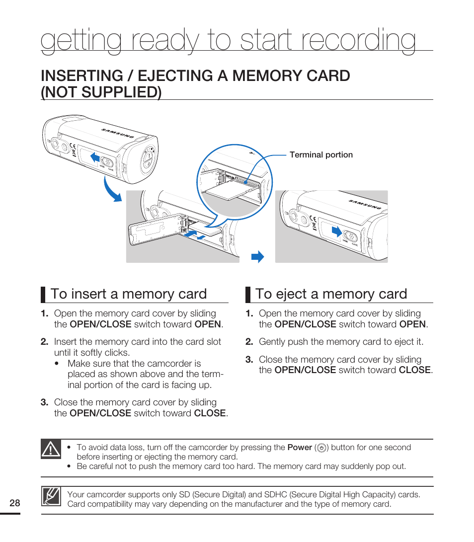 Getting ready to start recording, Inserting / ejecting a memory card (not supplied) | Samsung HMX-T10WN User Manual | Page 38 / 127