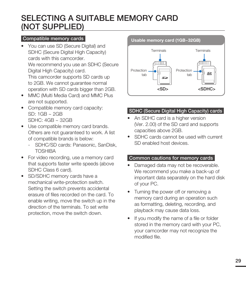 Selecting a suitable memory card (not supplied) | Samsung HMX-T10WN User Manual | Page 39 / 127