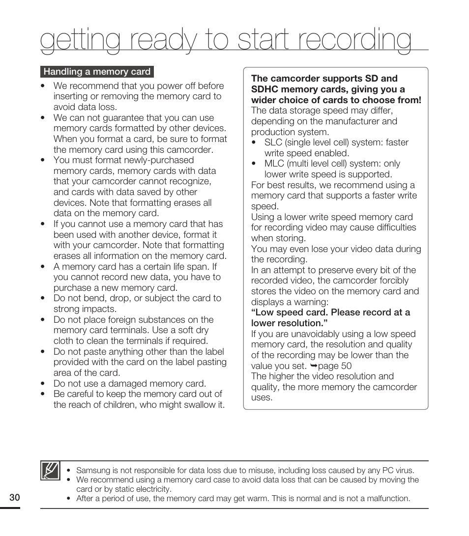 Getting ready to start recording | Samsung HMX-T10WN User Manual | Page 40 / 127