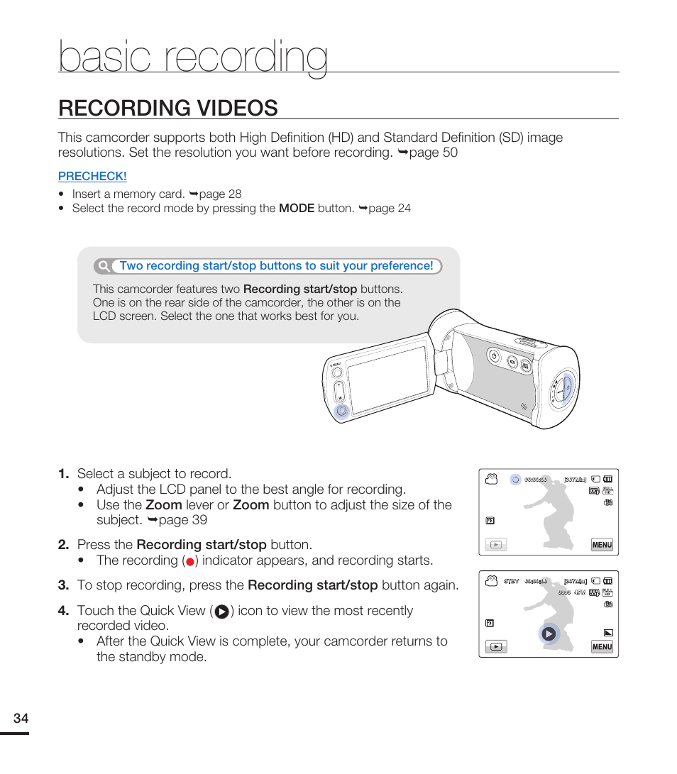 Basic recording, Recording videos | Samsung HMX-T10WN User Manual | Page 44 / 127