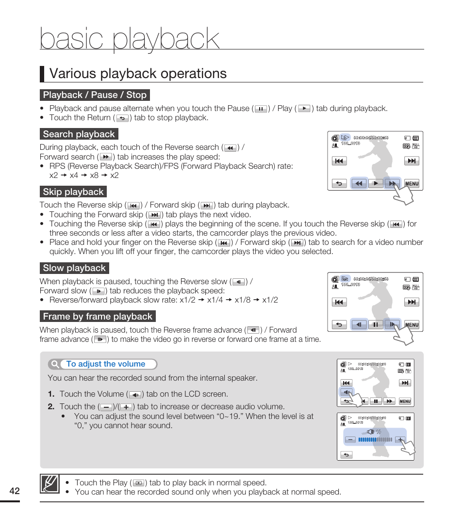 Basic playback, Various playback operations, Playback / pause / stop | Search playback, Skip playback, Slow playback, Frame by frame playback | Samsung HMX-T10WN User Manual | Page 52 / 127