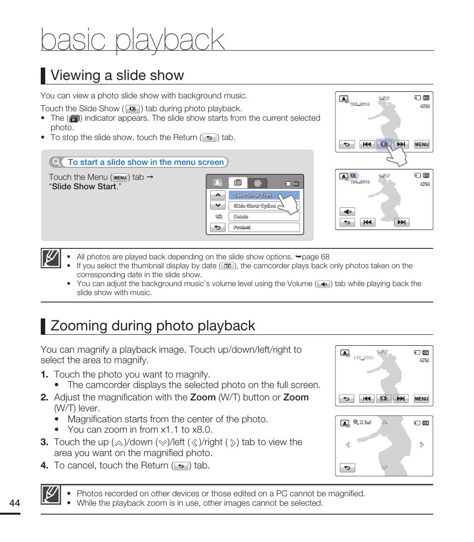 Basic playback, Viewing a slide show, Zooming during photo playback | Samsung HMX-T10WN User Manual | Page 54 / 127