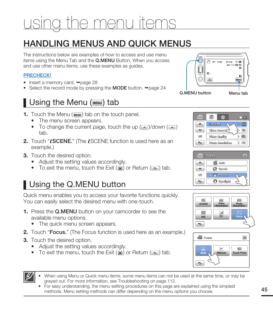 Using the menu items, Handling menus and quick menus, Using the menu ( ) tab | Using the q.menu button | Samsung HMX-T10WN User Manual | Page 55 / 127