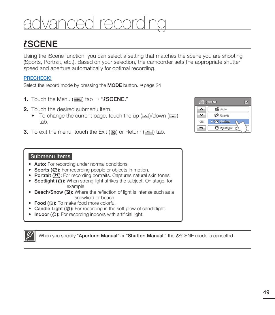 Advanced recording, Scene | Samsung HMX-T10WN User Manual | Page 59 / 127