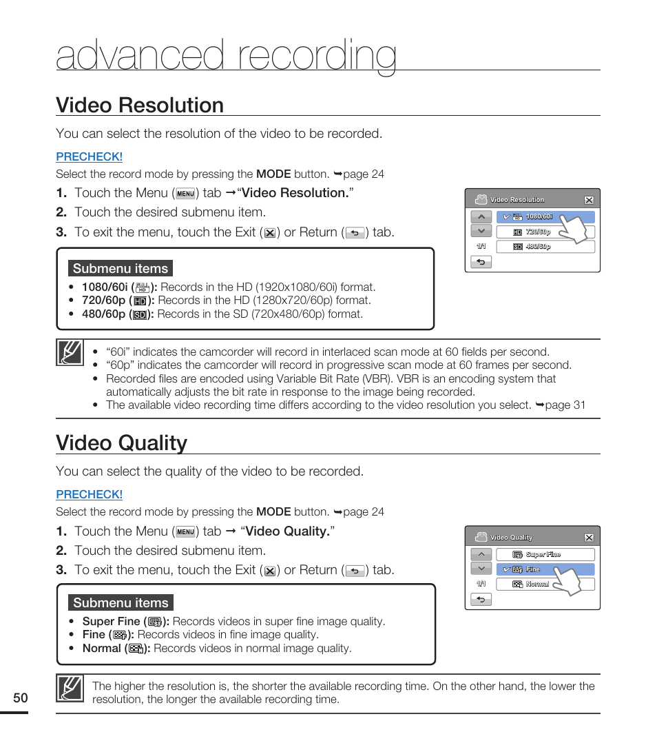 Video resolution, Video quality, Advanced recording | Samsung HMX-T10WN User Manual | Page 60 / 127