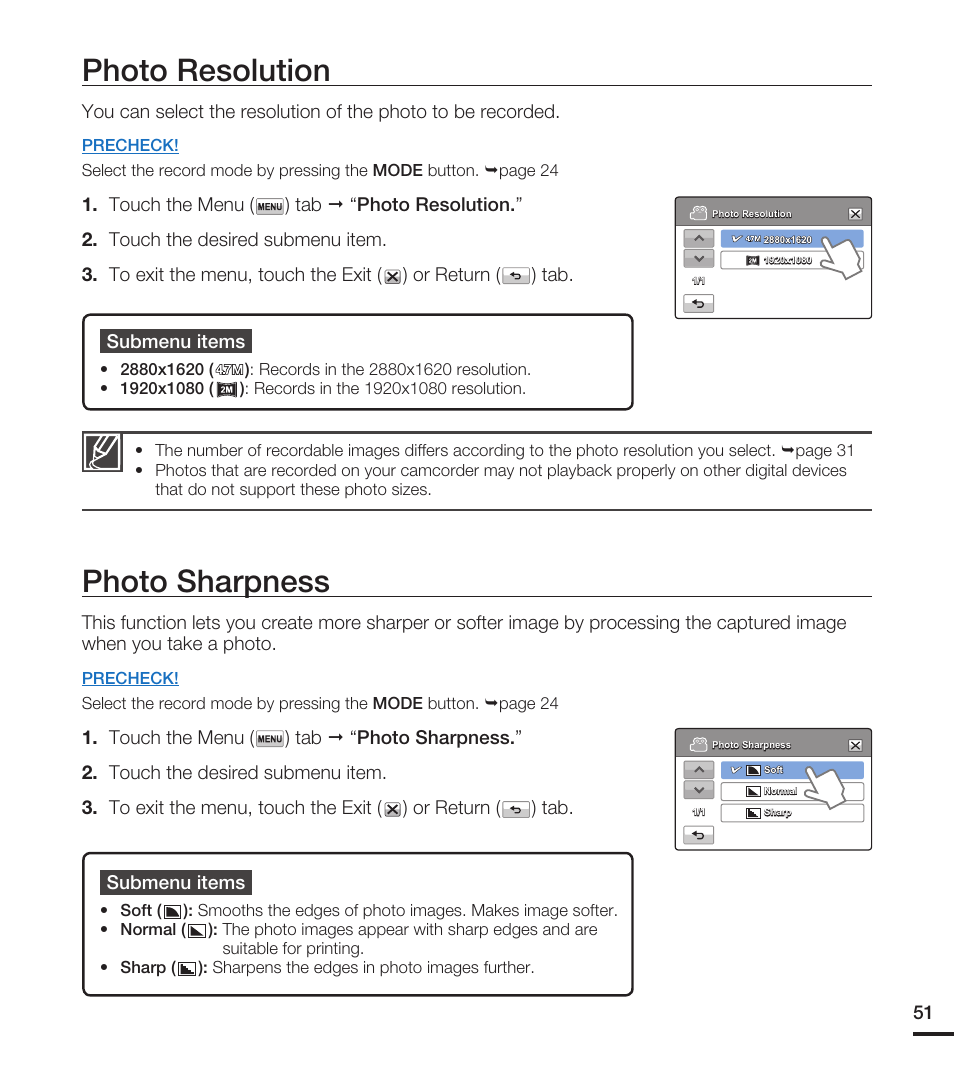 Photo resolution, Photo sharpness | Samsung HMX-T10WN User Manual | Page 61 / 127