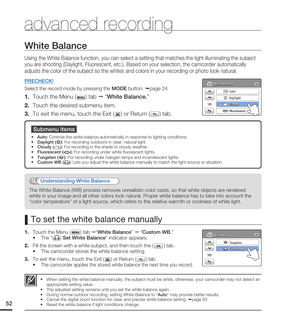White balance, Advanced recording | Samsung HMX-T10WN User Manual | Page 62 / 127