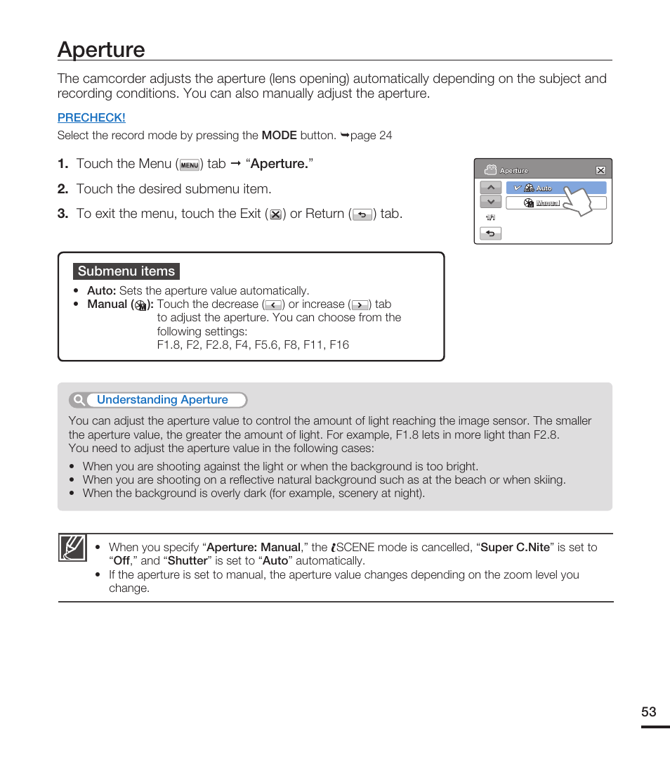 Aperture | Samsung HMX-T10WN User Manual | Page 63 / 127