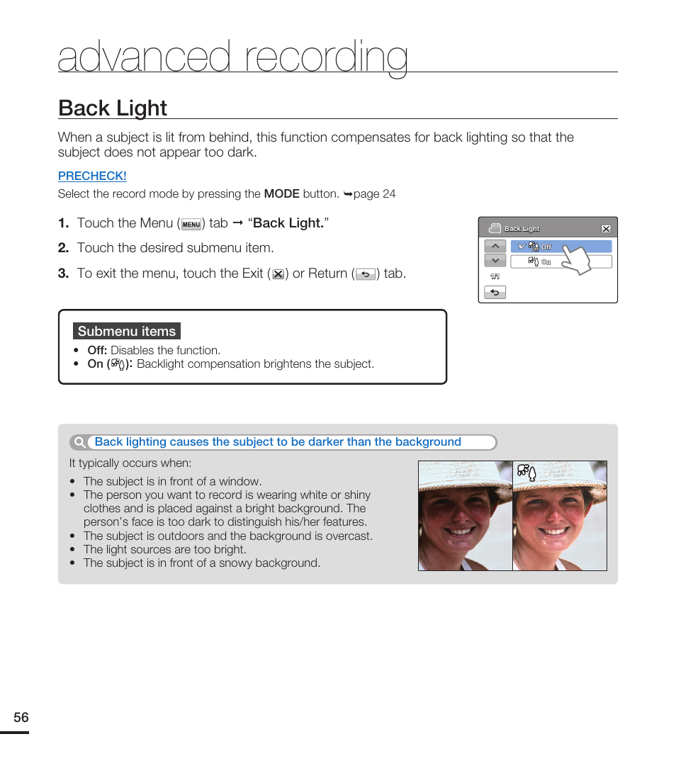 Back light, Advanced recording | Samsung HMX-T10WN User Manual | Page 66 / 127