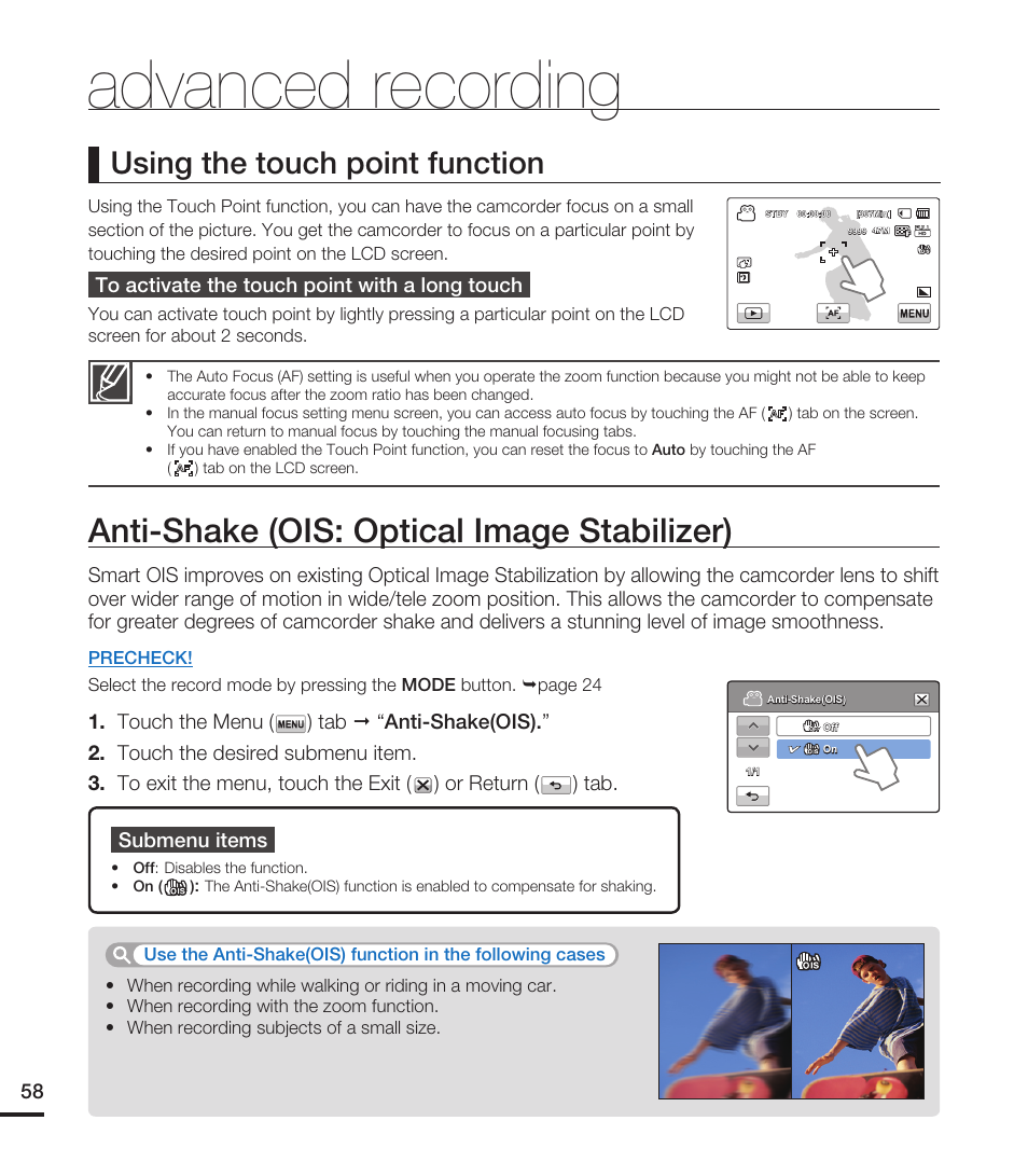 Anti-shake (ois: optical image stabilizer), Advanced recording, Using the touch point function | Samsung HMX-T10WN User Manual | Page 68 / 127