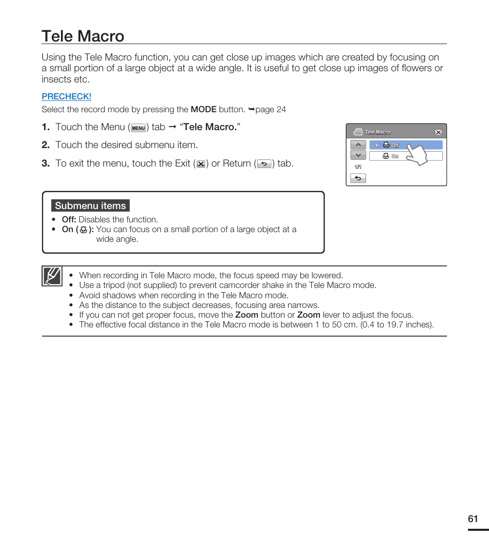 Tele macro | Samsung HMX-T10WN User Manual | Page 71 / 127