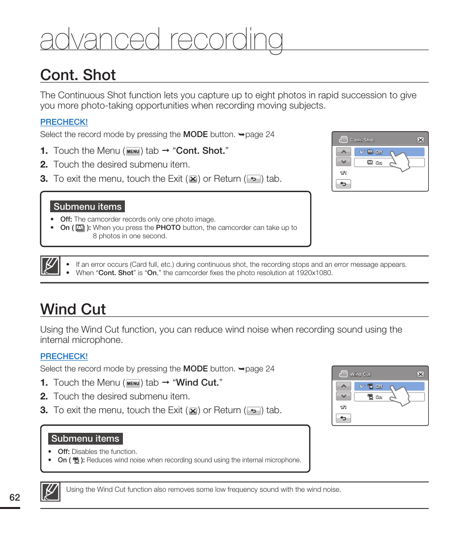 Cont. shot, Wind cut, Advanced recording | Samsung HMX-T10WN User Manual | Page 72 / 127