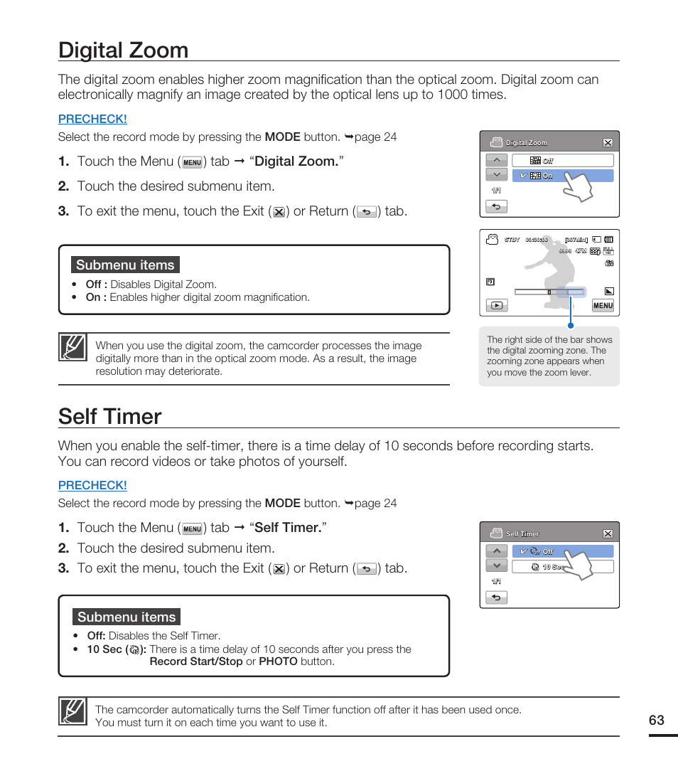Digital zoom, Self timer | Samsung HMX-T10WN User Manual | Page 73 / 127