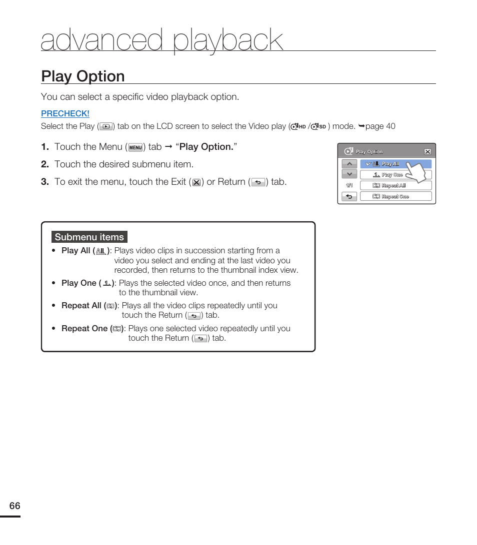Advanced playback, Play option | Samsung HMX-T10WN User Manual | Page 76 / 127