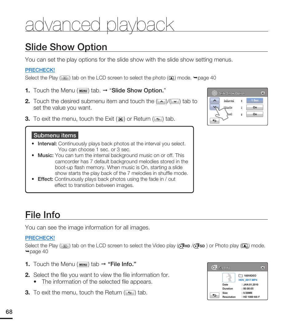 Slide show option, File info, Advanced playback | You can see the image information for all images | Samsung HMX-T10WN User Manual | Page 78 / 127