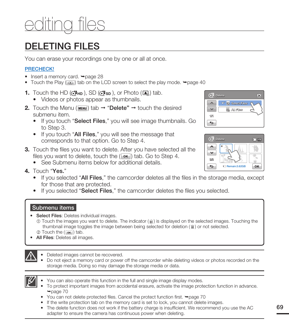 Editing files, Deleting files, Editing fi les | Samsung HMX-T10WN User Manual | Page 79 / 127