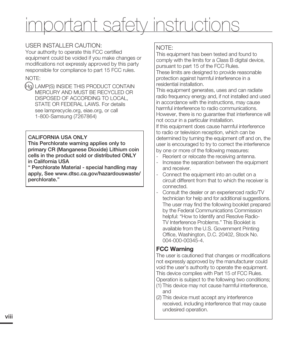 Important safety instructions | Samsung HMX-T10WN User Manual | Page 8 / 127