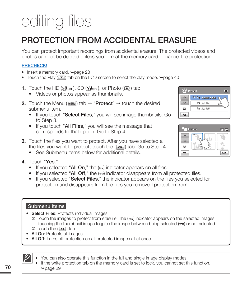 Protection from accidental erasure, Editing fi les | Samsung HMX-T10WN User Manual | Page 80 / 127