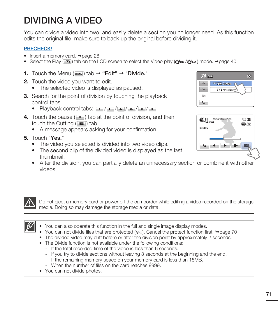 Dividing a video | Samsung HMX-T10WN User Manual | Page 81 / 127