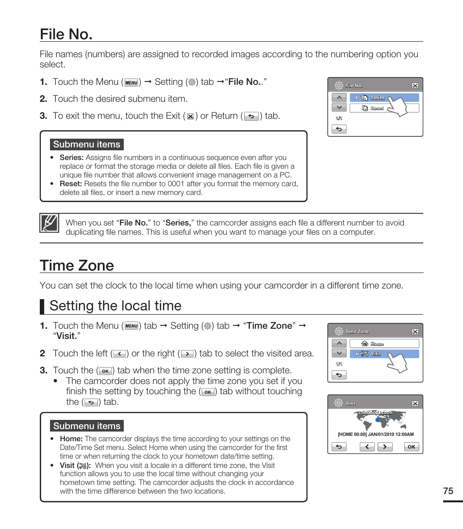 File no, Time zone, Setting the local time | Samsung HMX-T10WN User Manual | Page 85 / 127