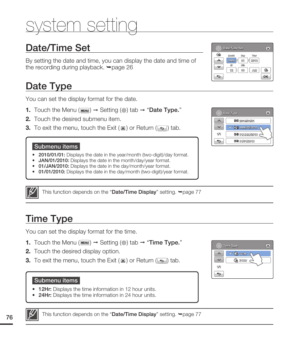 Date/time set, Date type, Time type | System setting, Submenu items | Samsung HMX-T10WN User Manual | Page 86 / 127