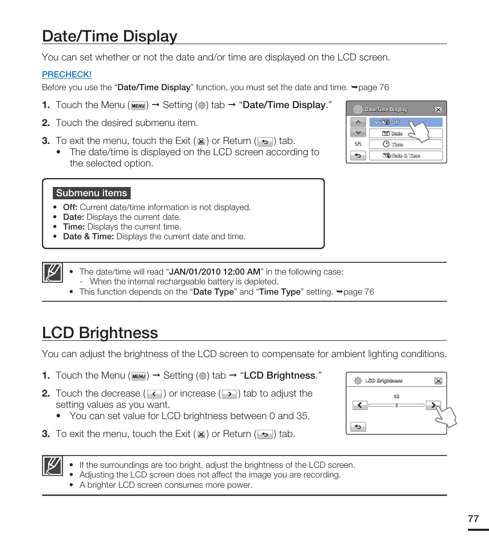 Date/time display, Lcd brightness | Samsung HMX-T10WN User Manual | Page 87 / 127