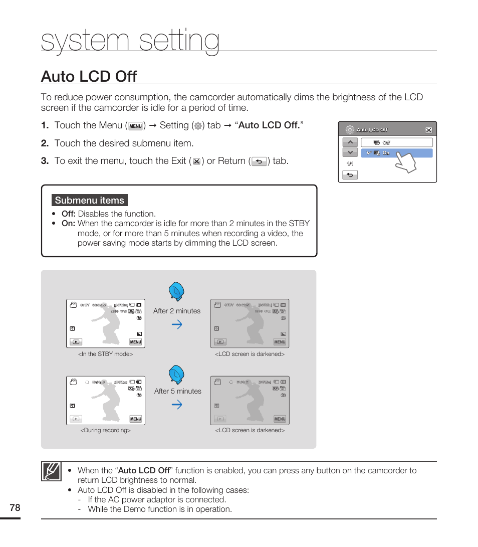 Auto lcd off, System setting, After 2 minutes after 5 minutes | Samsung HMX-T10WN User Manual | Page 88 / 127