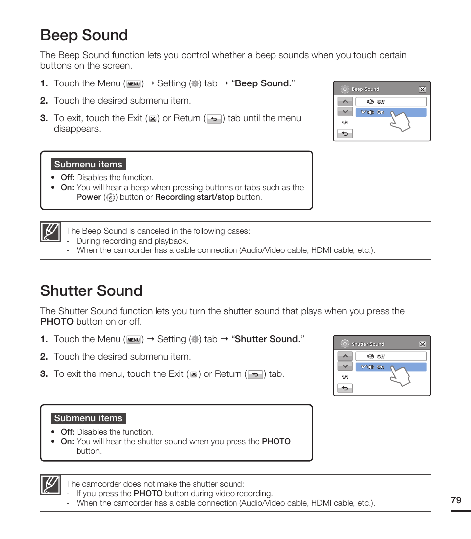 Beep sound, Shutter sound | Samsung HMX-T10WN User Manual | Page 89 / 127