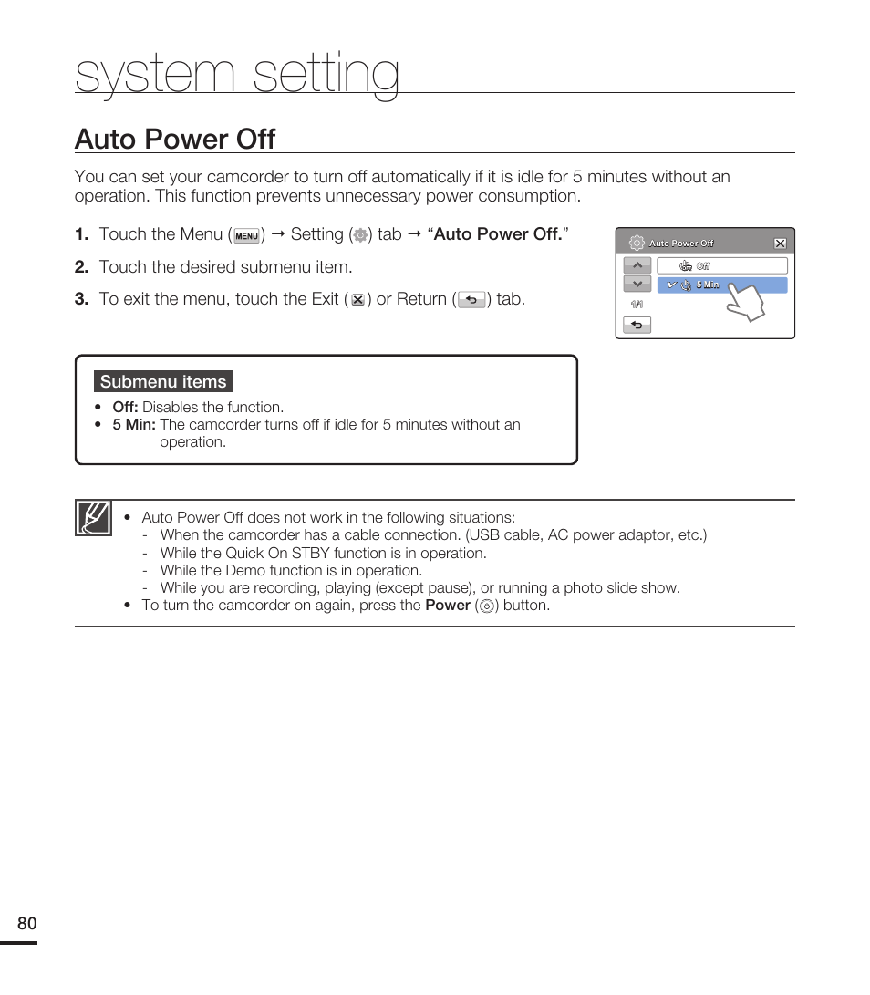 Auto power off, System setting | Samsung HMX-T10WN User Manual | Page 90 / 127