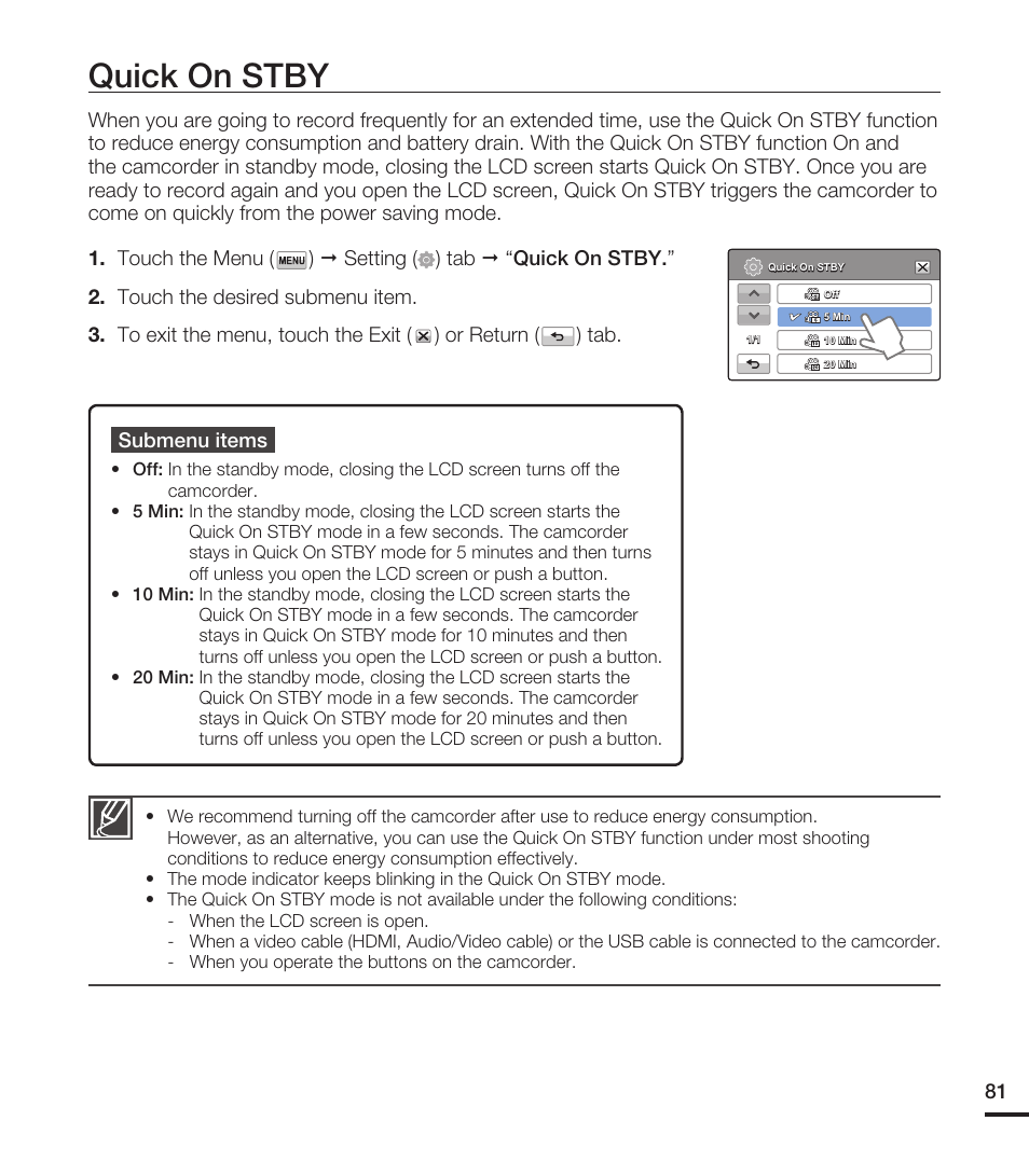 Quick on stby | Samsung HMX-T10WN User Manual | Page 91 / 127