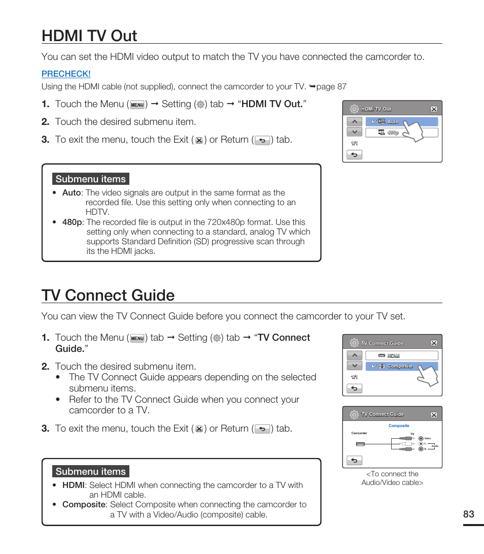 Hdmi tv out, Tv connect guide, Submenu items | Samsung HMX-T10WN User Manual | Page 93 / 127