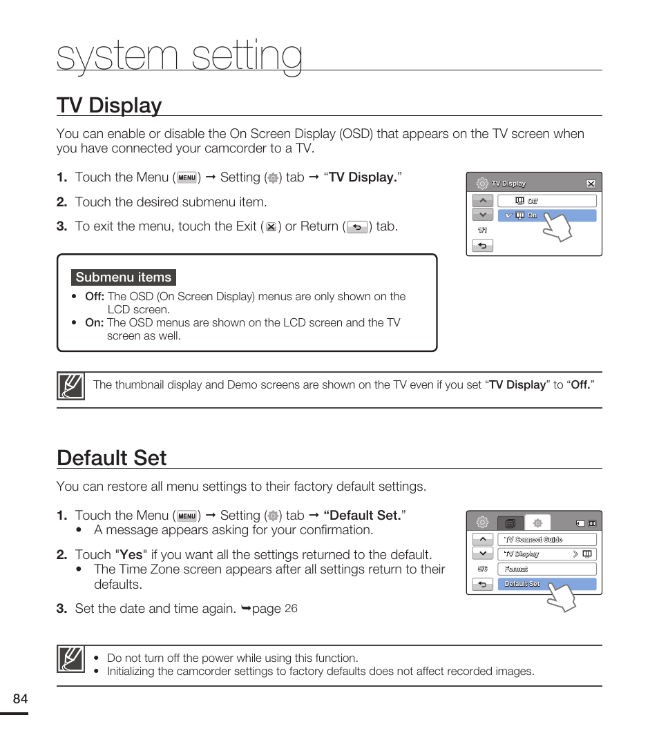 Tv display, Default set, System setting | Samsung HMX-T10WN User Manual | Page 94 / 127