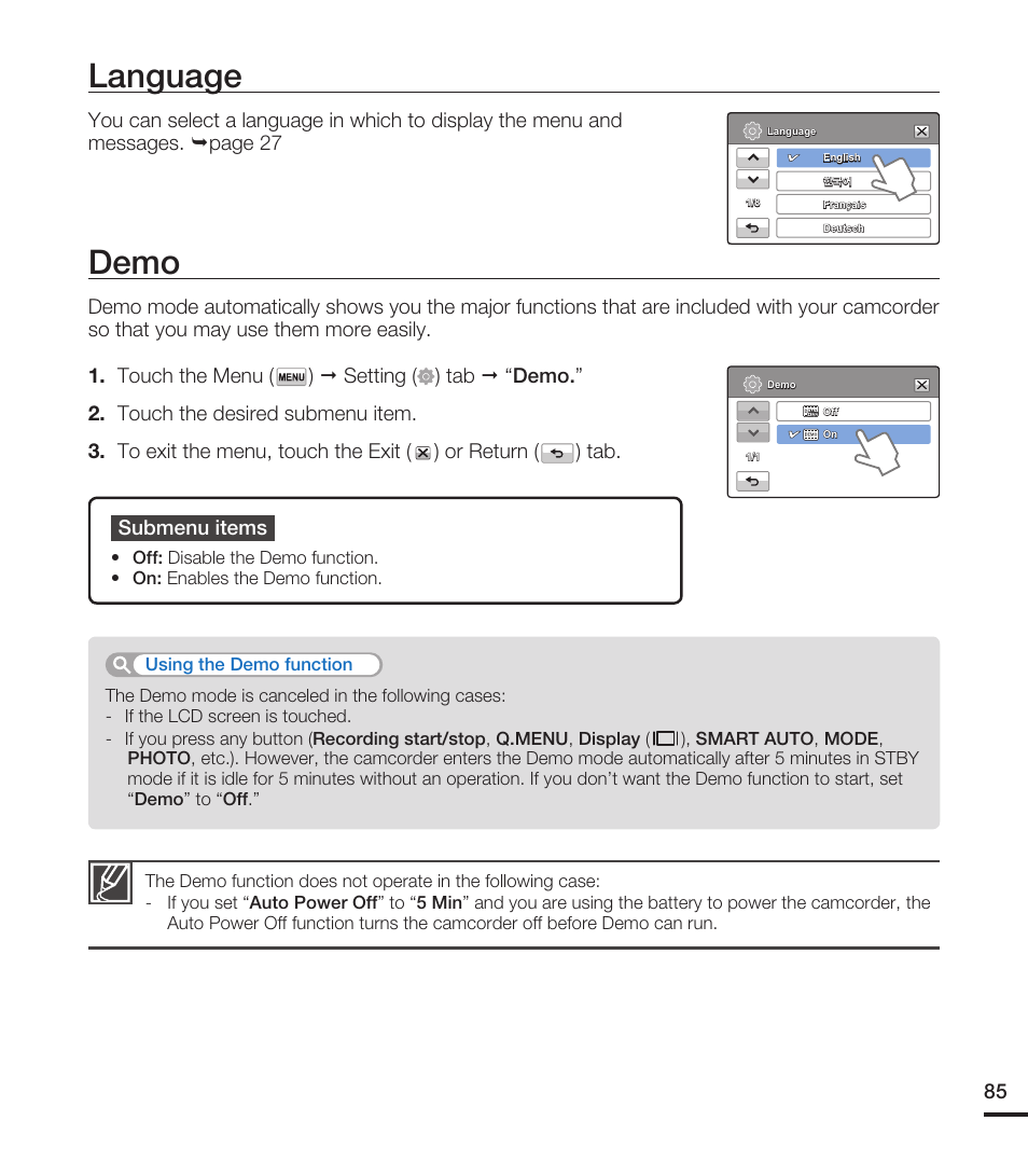 Language, Demo | Samsung HMX-T10WN User Manual | Page 95 / 127