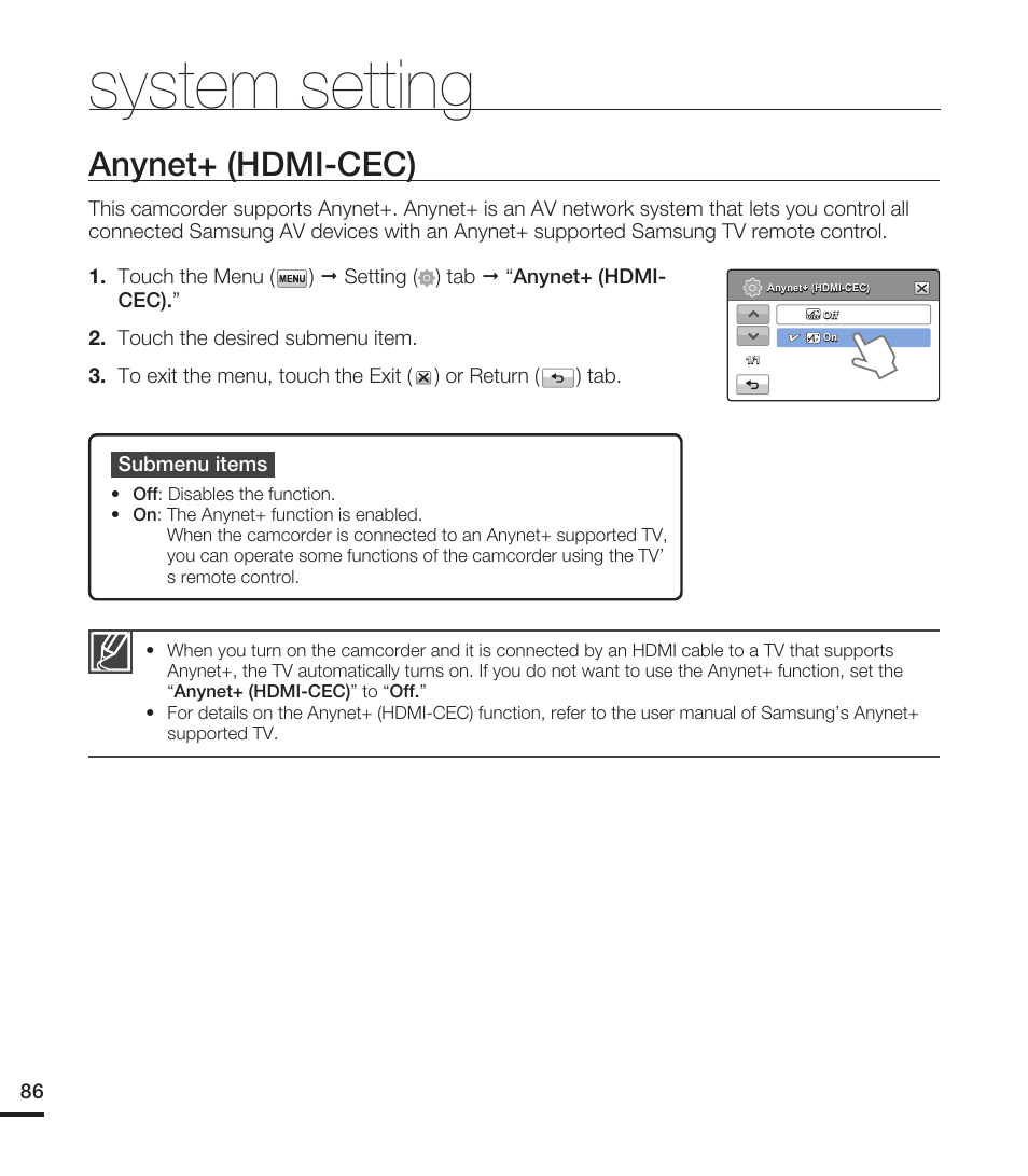 Anynet+ (hdmi-cec), System setting | Samsung HMX-T10WN User Manual | Page 96 / 127