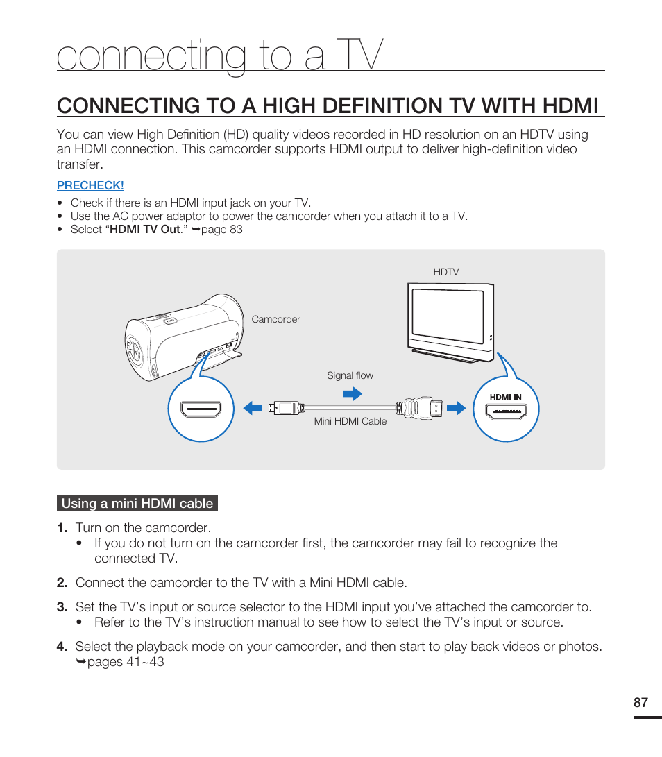 Connecting to a tv, Connecting to a high definition tv with hdmi | Samsung HMX-T10WN User Manual | Page 97 / 127