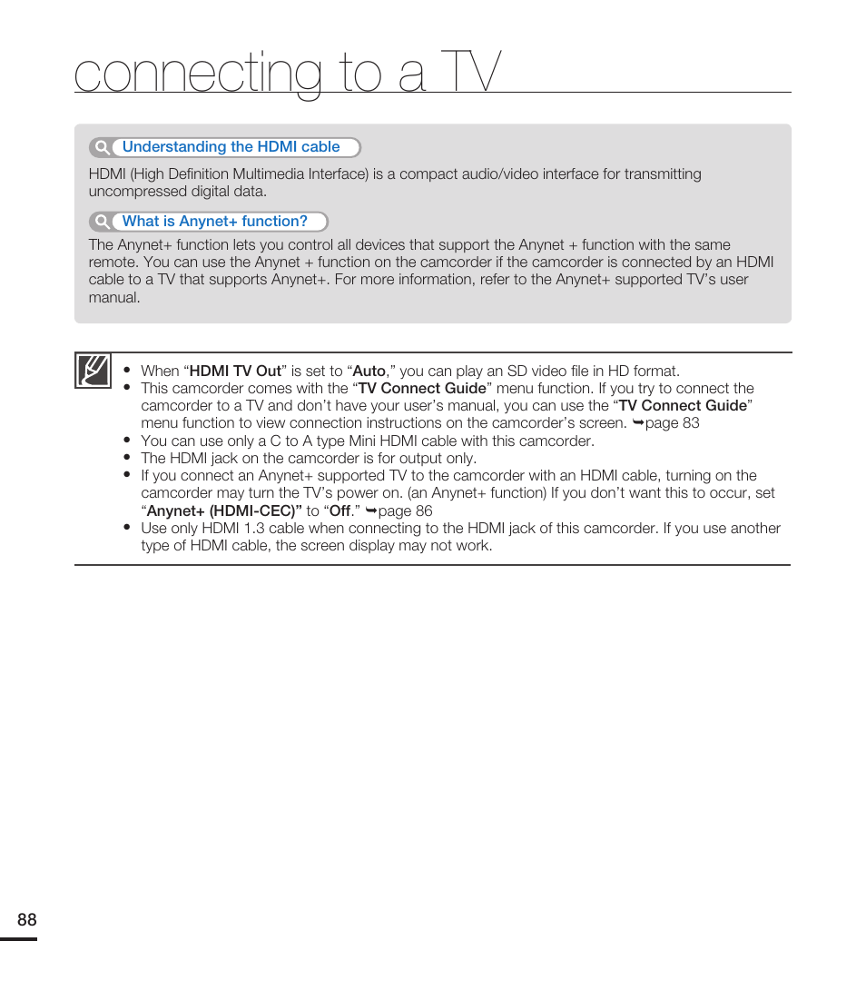 Connecting to a tv | Samsung HMX-T10WN User Manual | Page 98 / 127