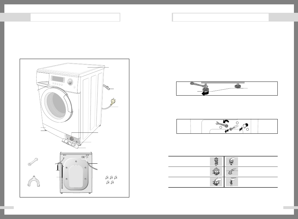 Installing the washing machine, Unpacking the washing machine, Overview of the washing machine | Selecting a location, Adjusting the leveling feet, Removing the shipping bolts, Connecting the water supply hose(option) | Samsung j1045 User Manual | Page 3 / 12