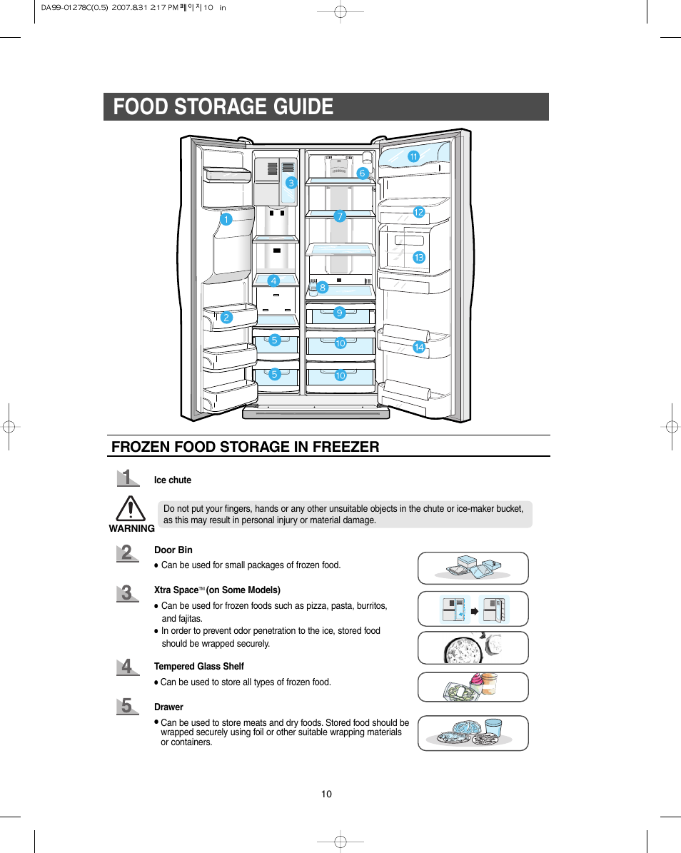 Food storage guide, Frozen food storage in freezer | Samsung DA99-01278C User Manual | Page 10 / 32