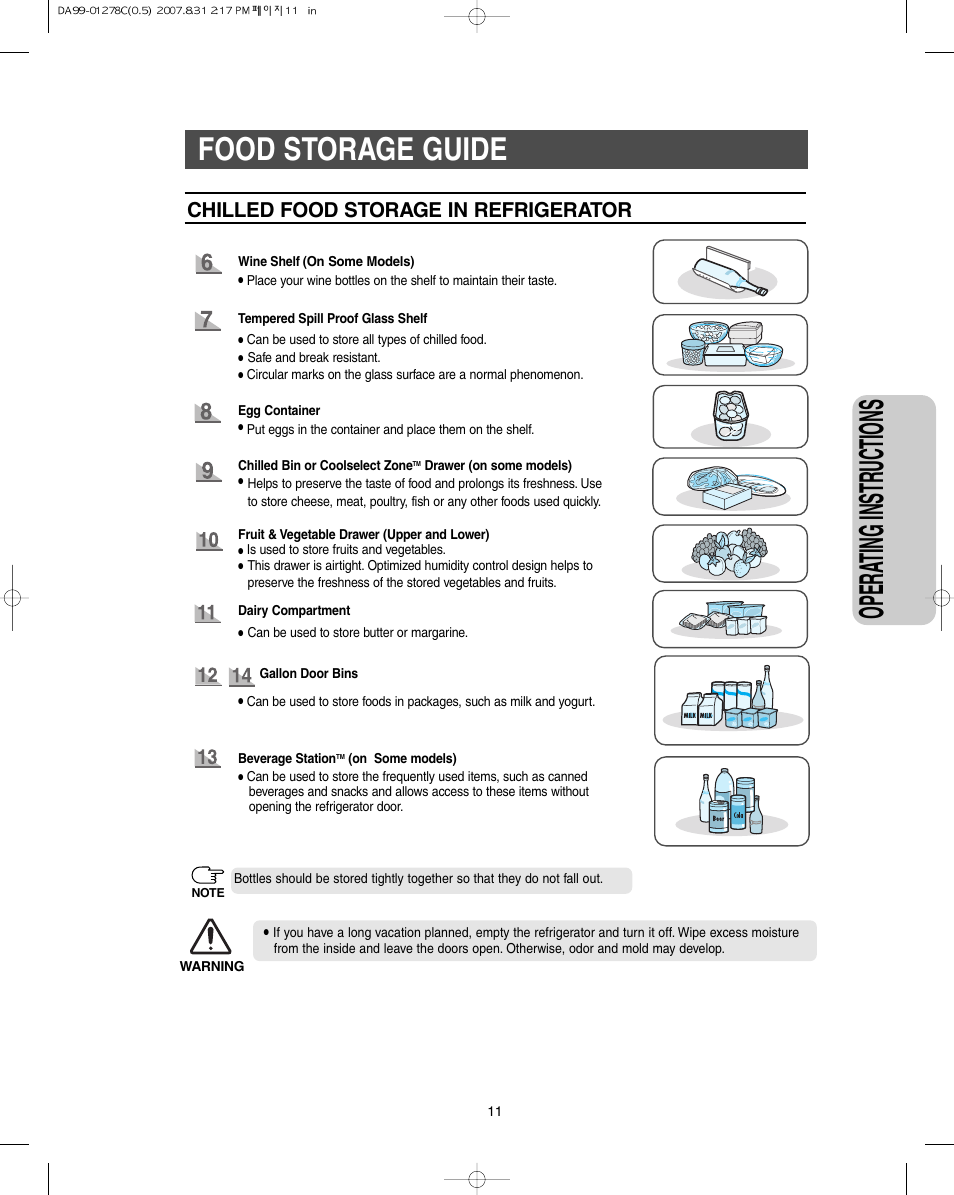 Opera ting instr uctions, Food storage guide, Chilled food storage in refrigerator | Samsung DA99-01278C User Manual | Page 11 / 32