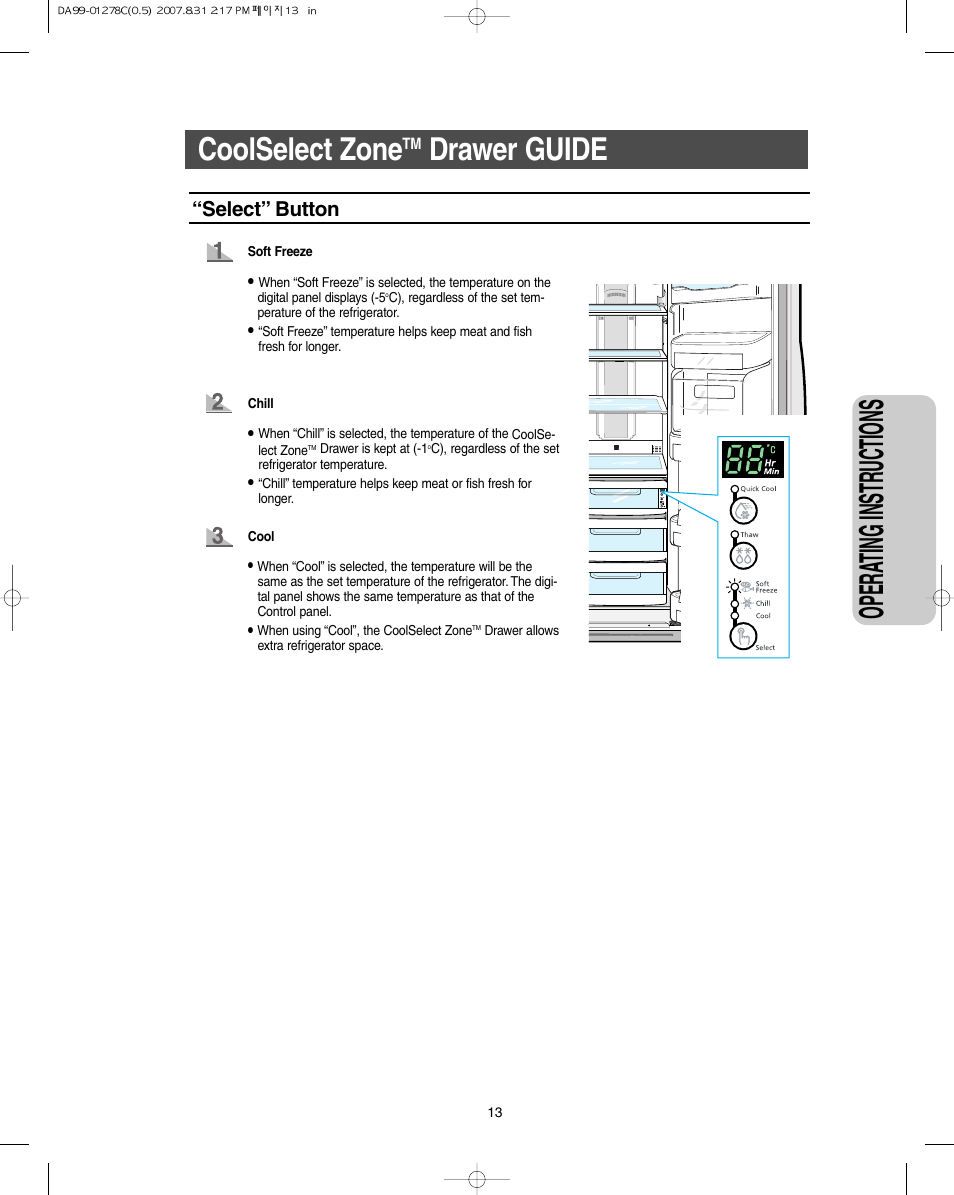Opera ting instr uctions, Coolselect zone, Drawer guide | Select” button | Samsung DA99-01278C User Manual | Page 13 / 32