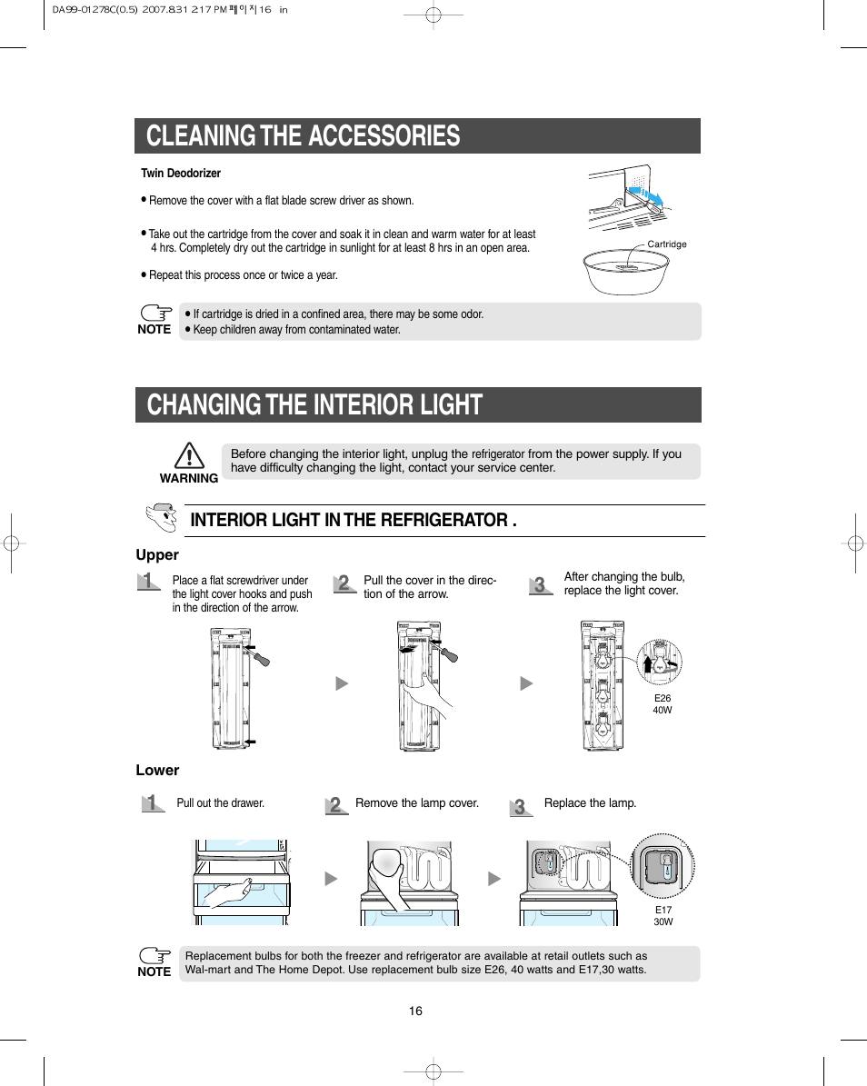 Changing the interior light, Cleaning the accessories, Interior light in the refrigerator | Samsung DA99-01278C User Manual | Page 16 / 32