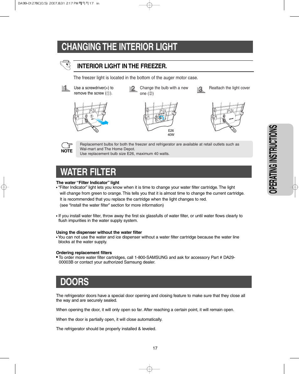 Water filter, Doors, Opera ting instr uctions | Changing the interior light | Samsung DA99-01278C User Manual | Page 17 / 32