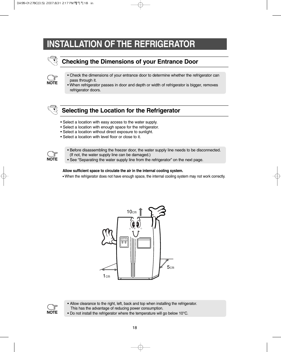 Installation of the refrigerator | Samsung DA99-01278C User Manual | Page 18 / 32