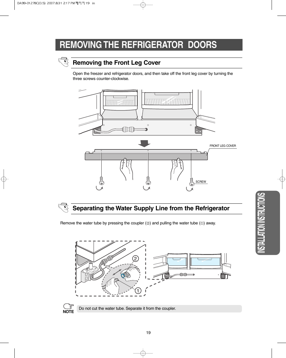 Removing the refrigerator doors, Inst alla tion instr uctions | Samsung DA99-01278C User Manual | Page 19 / 32