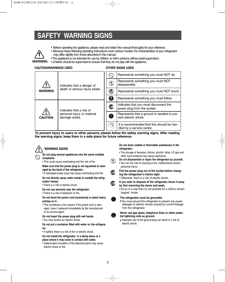 Safety warning signs | Samsung DA99-01278C User Manual | Page 2 / 32