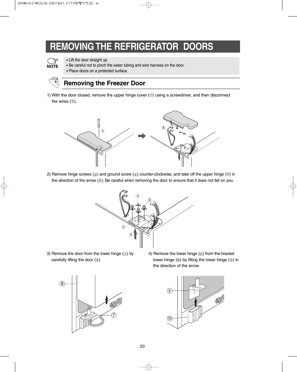 Removing the refrigerator doors, Removing the freezer door | Samsung DA99-01278C User Manual | Page 20 / 32