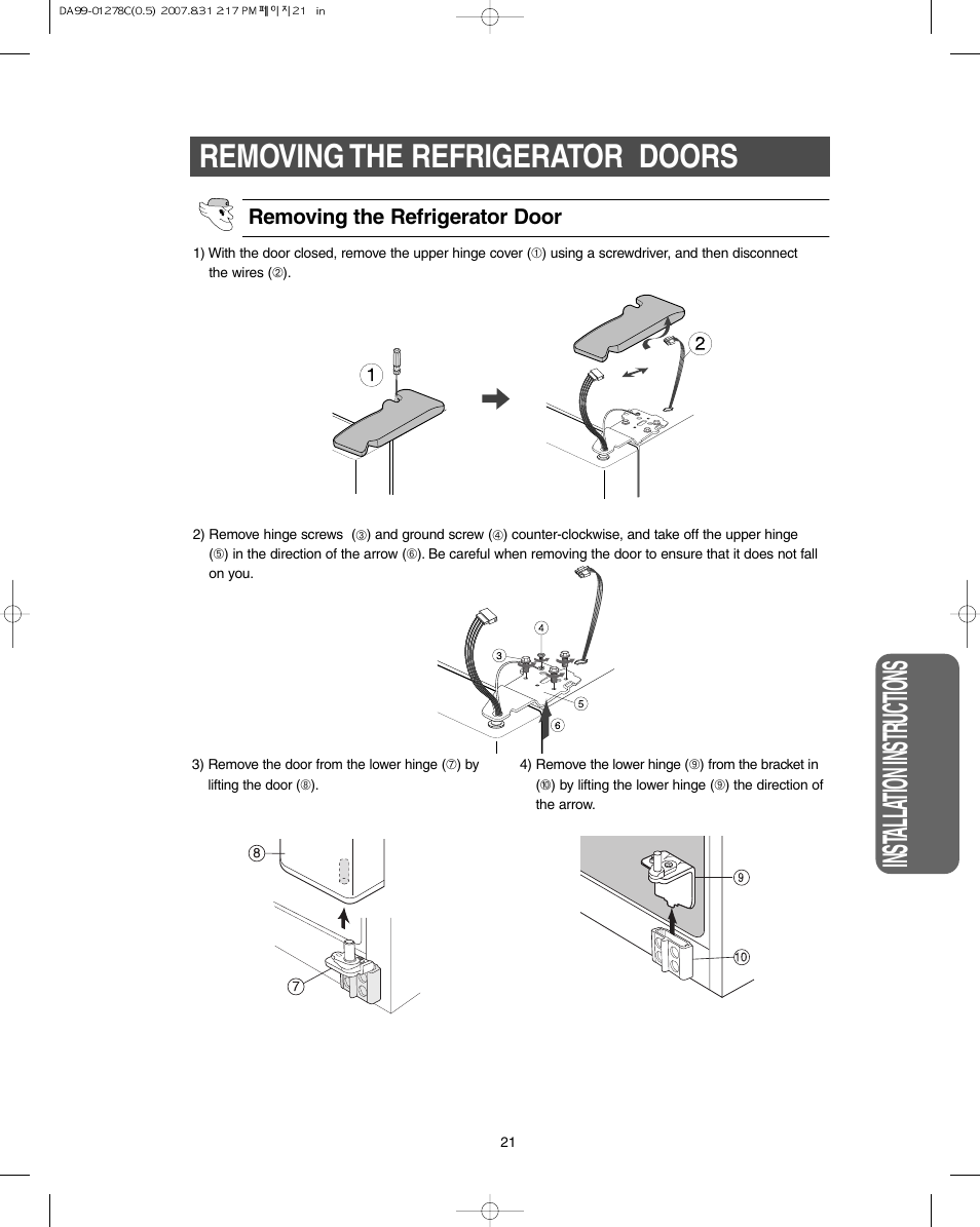 Inst alla tion instr uctions, Removing the refrigerator doors | Samsung DA99-01278C User Manual | Page 21 / 32