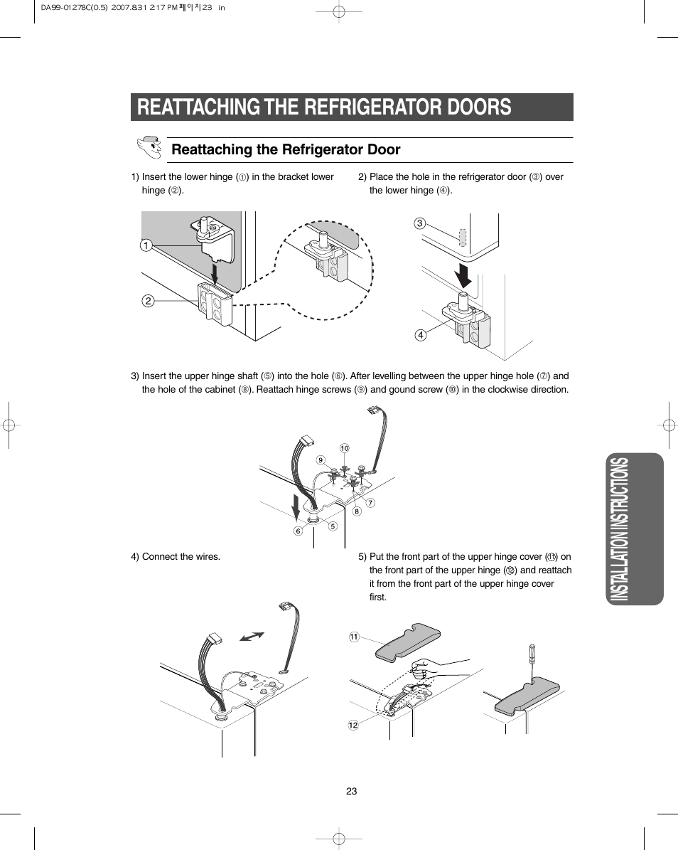 Inst alla tion instr uctions, Reattaching the refrigerator doors | Samsung DA99-01278C User Manual | Page 23 / 32